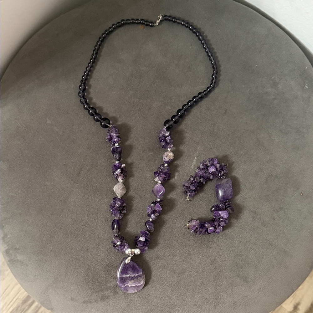 Amethyst Beaded Necklace and Bracelet Set - Purple